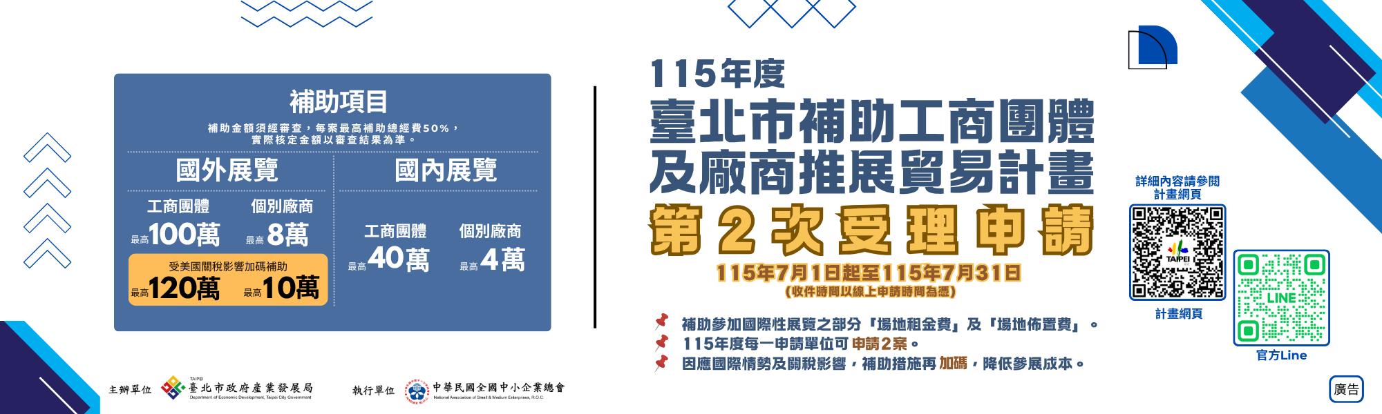 115年度「臺北市補助工商團體及廠商推展貿易計畫」第二次受理申請。